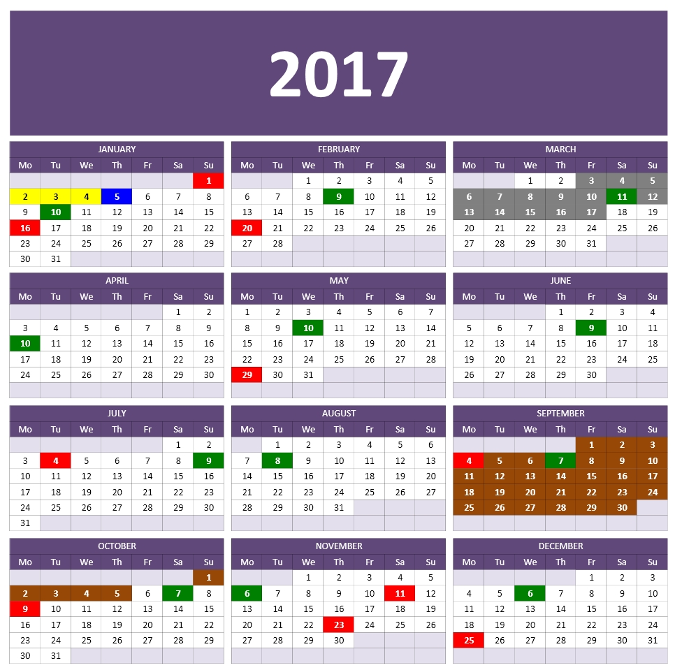 2017 Calendars Excel Calendars