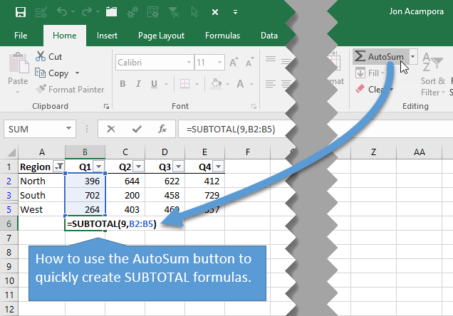 Create SUBTOTAL Formulas with the AutoSum Button or Keyboard 