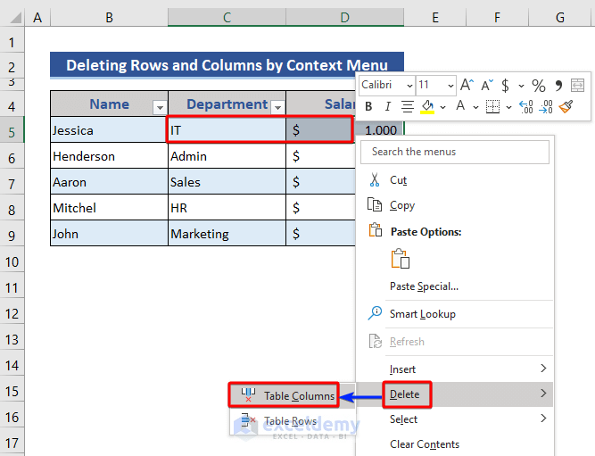 How to Insert or Delete Rows and Columns from Excel Table