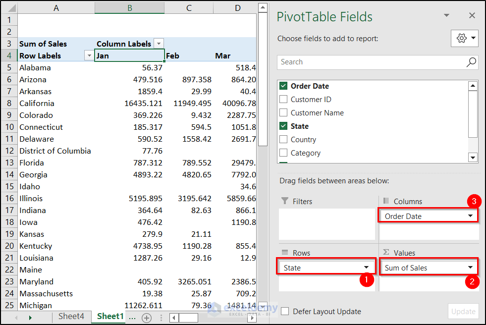 Create a Report That Displays the Quarterly Sales by Territory in Excel