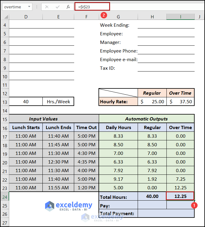 How to Calculate Hours Worked and Overtime Using Excel Formula