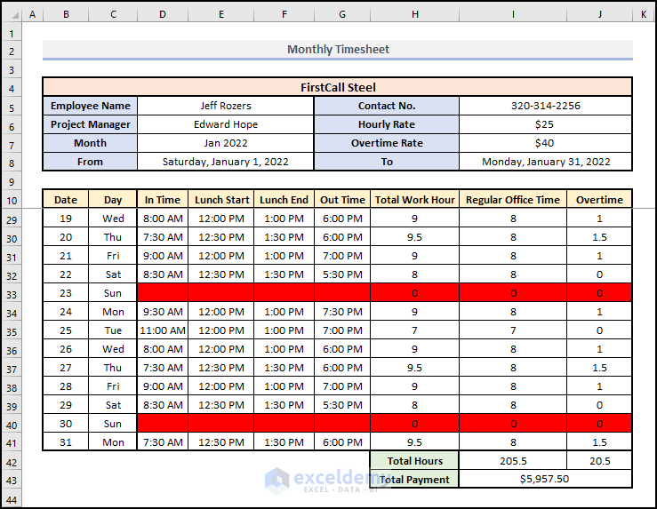 How to Calculate Hours Worked and Overtime Using Excel Formula