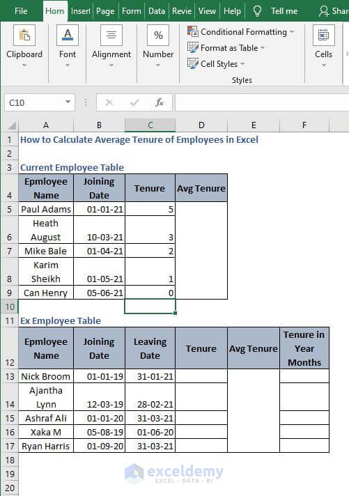 How to Calculate Average Tenure of Employees in Excel