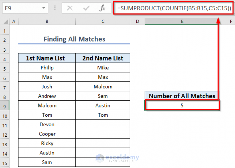 How to Count Matches in Two Columns in Excel (5 Easy Ways)