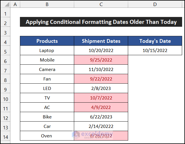 Apply Conditional Formatting for Dates Older Than Today in Excel