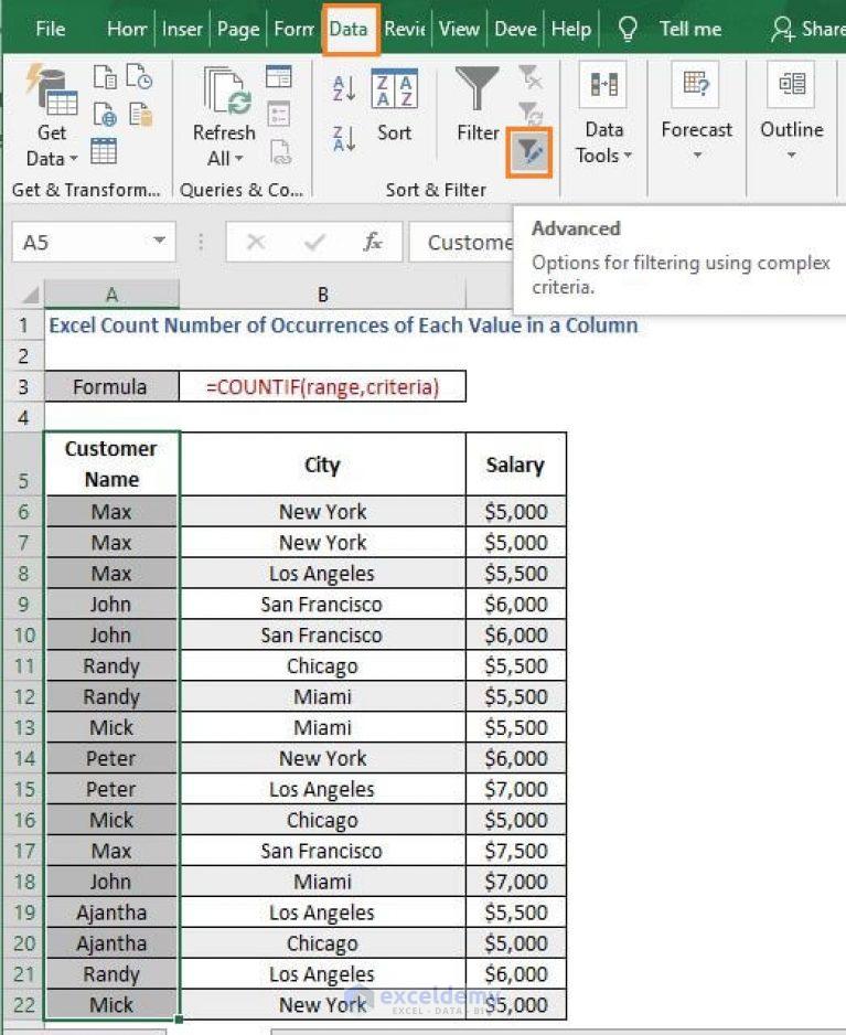 Excel Count Number of Occurrences of Each Value in a Column
