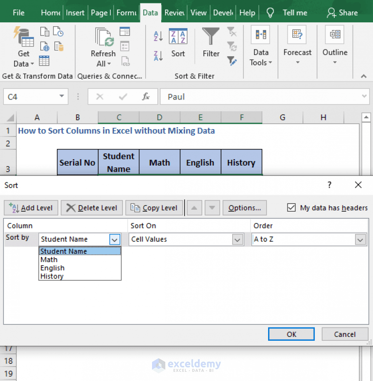 How to Sort Columns in Excel without Mixing Data