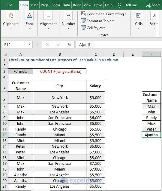 Excel Count Number of Occurrences of Each Value in a Column
