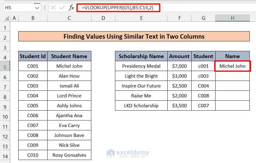 How to Find Similar Text in Two Columns in Excel (3 Easy Ways)