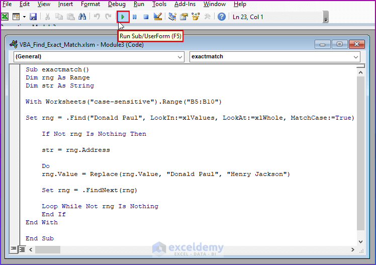How to Find Exact Match Using VBA in Excel (5 Easy Ways)