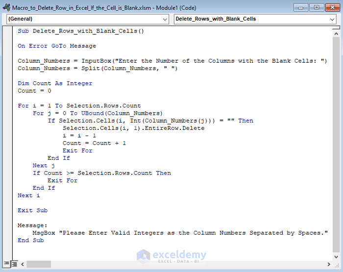 How to Delete Row with VBA Macro If Cell Is Blank in Excel?