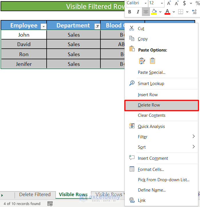 Excel Delete Rows In A Filtered Table