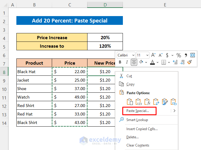 How to Add 20 Percent to a Price in Excel 2 Methods ExcelDemy