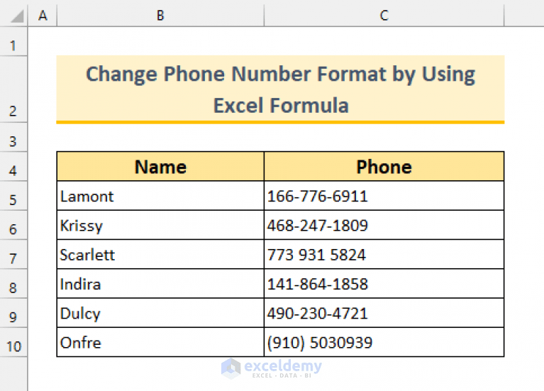 Excel Formula to Change Phone Number Format (5 Examples)