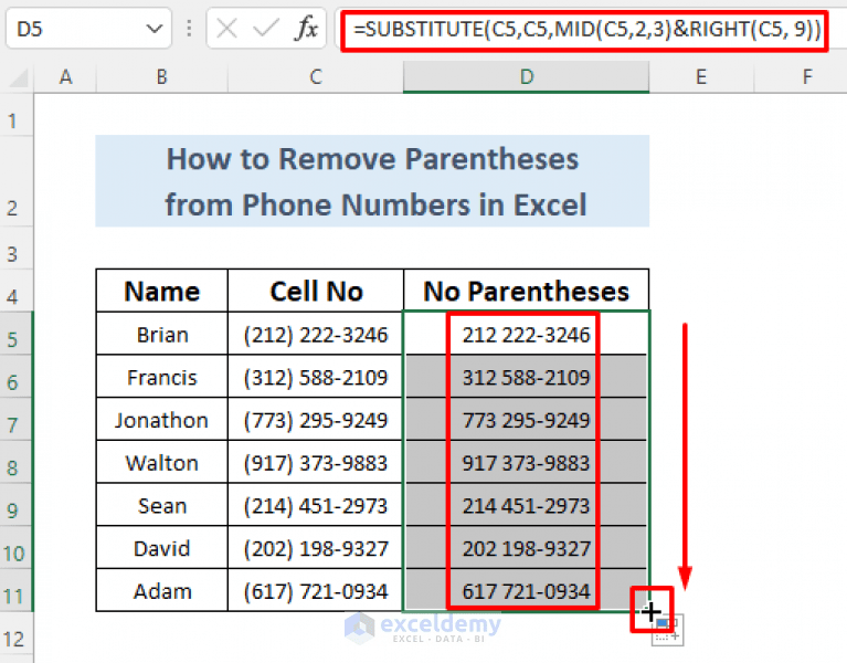 How to Remove Parentheses from Phone Numbers in Excel (5 Methods)