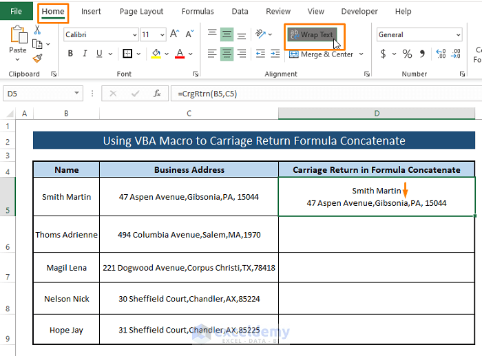 Carriage Return in Excel Formula to Concatenate (6 Examples)