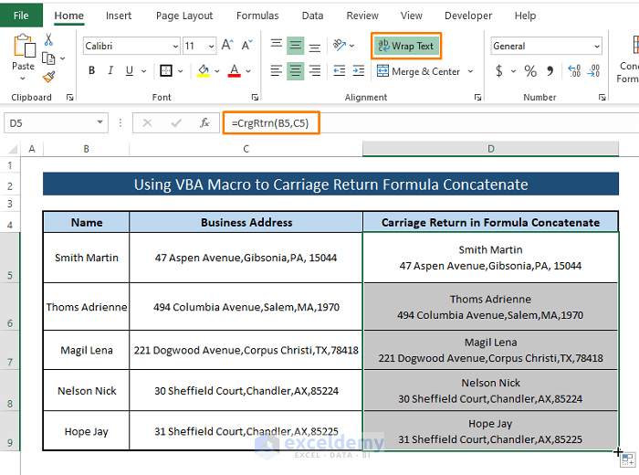 Carriage Return in Excel Formula to Concatenate (6 Examples)