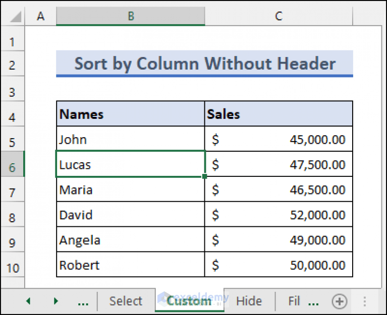 Excel Sort by Column without Header (5 Methods) ExcelDemy