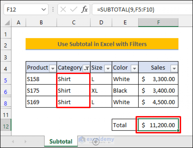 How to Use SUBTOTAL in Excel with Filters (With Quick Steps)