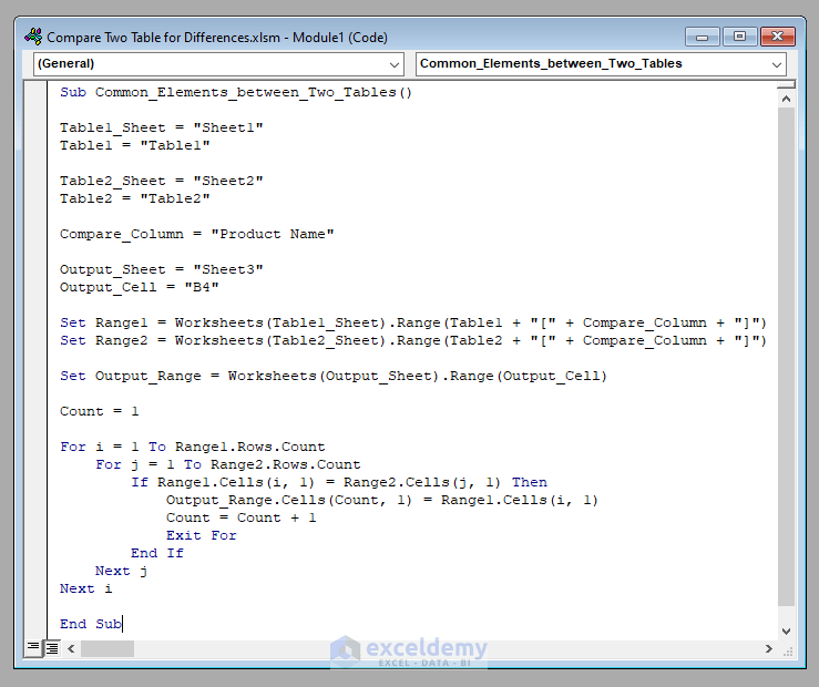How to Compare Two Tables for Differences with Excel VBA (3 Methods)
