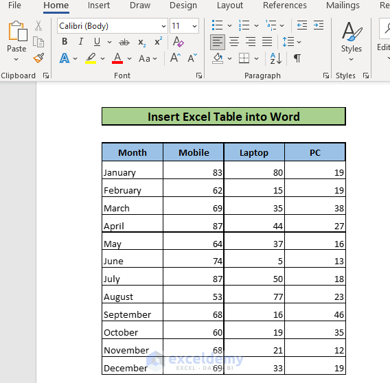 How to Insert Excel Table into Word 8 Easy Ways ExcelDemy