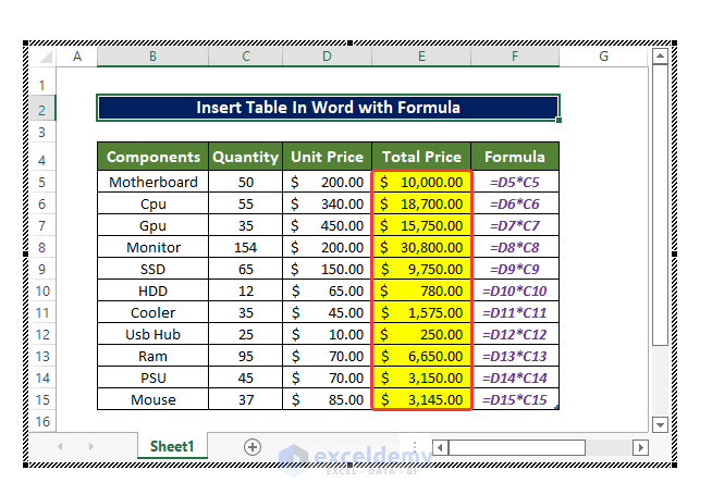 How to Insert an Excel Table in MS Word with Formulas - 2 Methods
