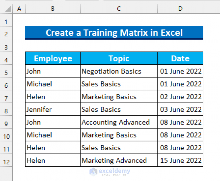 How to Create a Training Matrix in Excel (3 Easy Methods) ExcelDemy