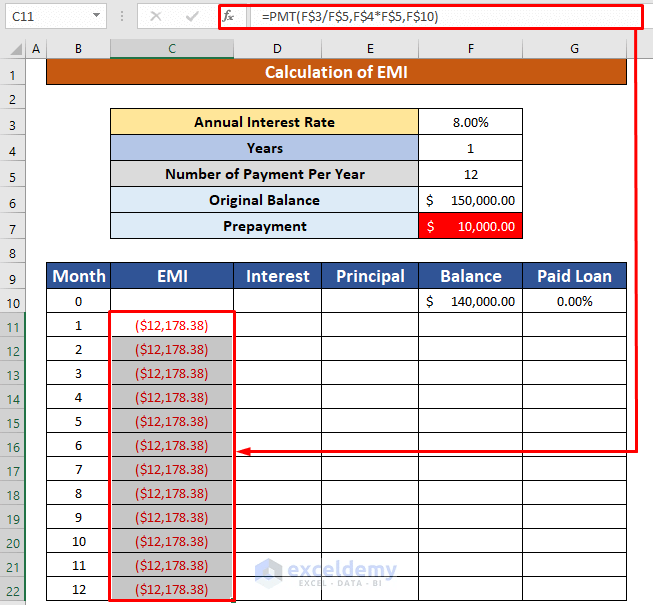 EMI Calculator with Prepayment Option in Excel Sheet (with Easy Steps)