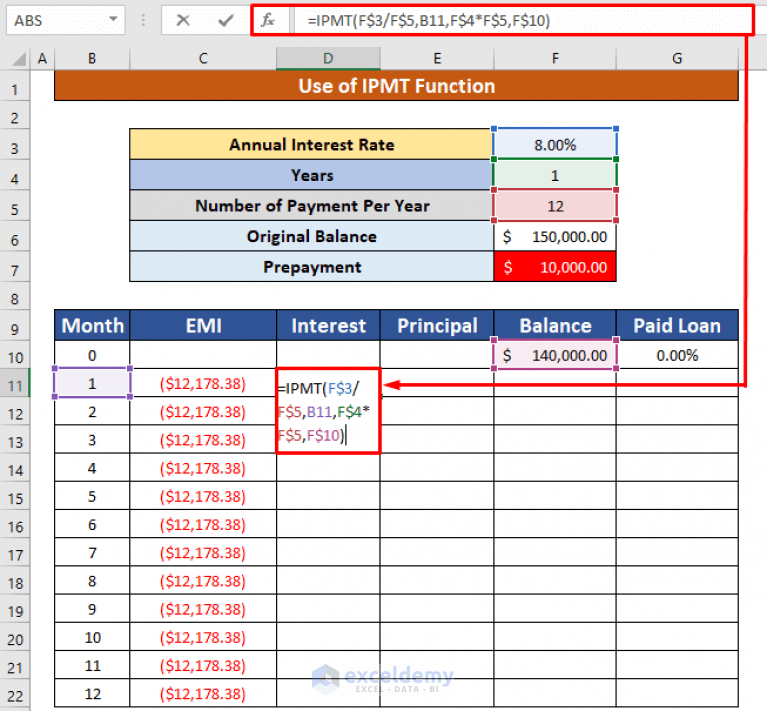 EMI Calculator with Prepayment Option in Excel Sheet (with Easy Steps)