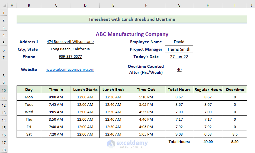 Excel Timesheet Formula with Lunch Break and Overtime ExcelDemy