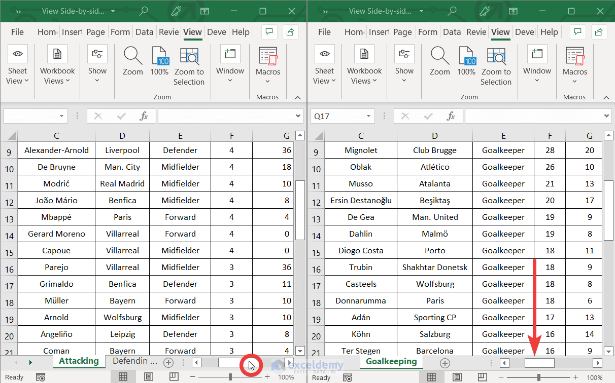 View Side by Side with Vertical Synchronous Scrolling in Excel
