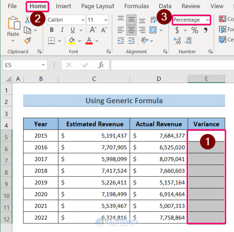 How to Calculate Percentage Variance between Two Numbers in Excel