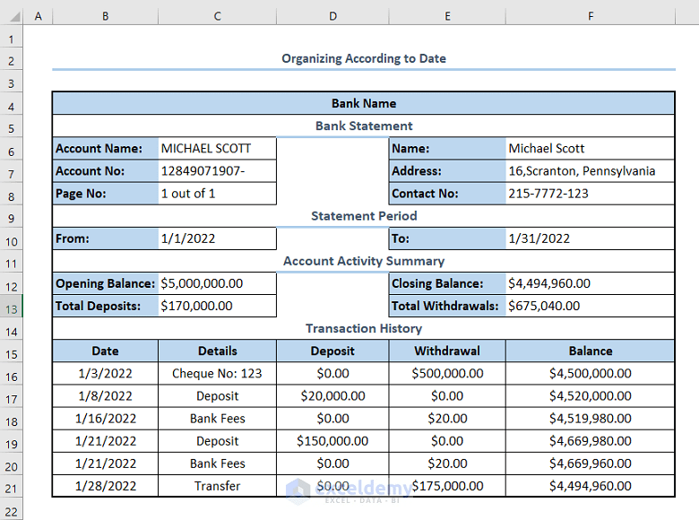 How to Organize Bank Statements in Excel 2 Methods