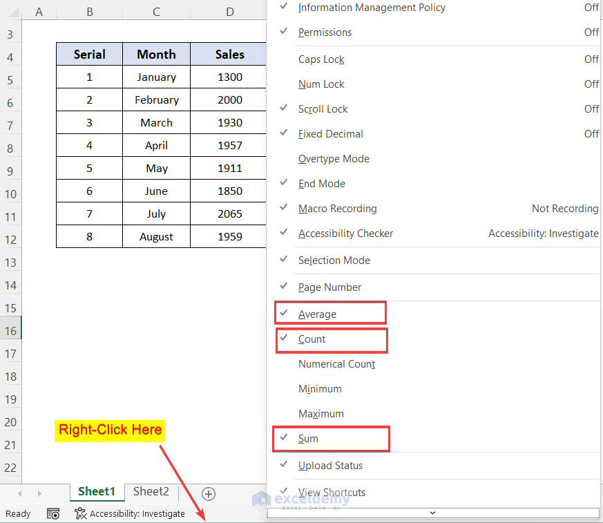 Excel Status Bar Not Showing Sum (3 Possible Solutions)