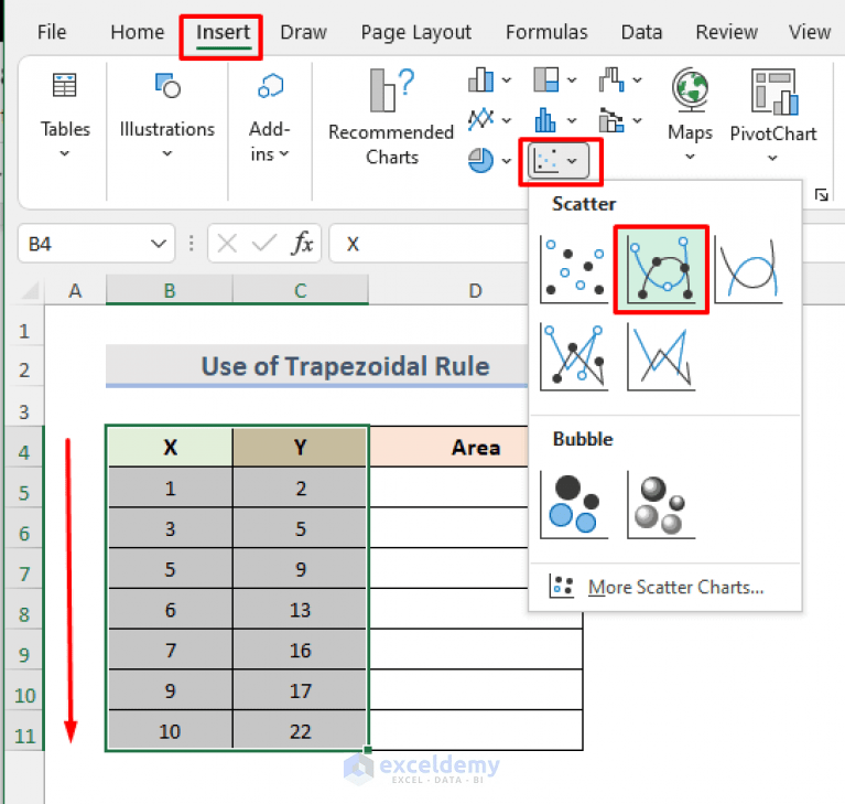 How to Calculate Area Under Curve in Excel (2 Suitable Methods)