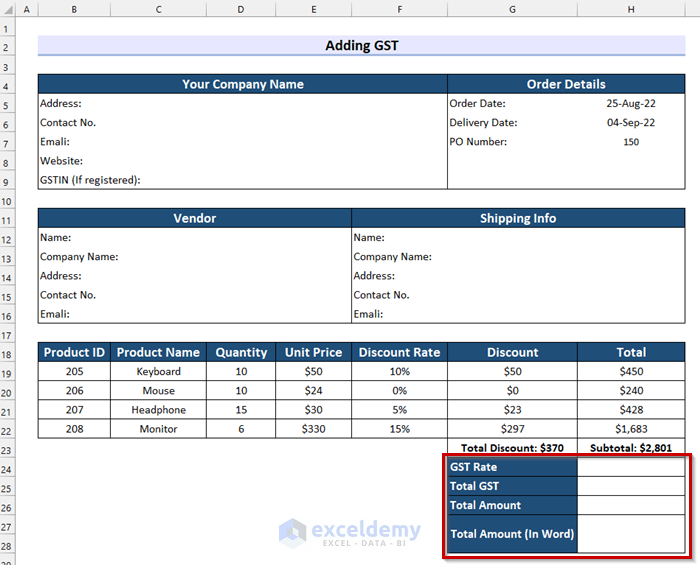Creating GST Purchase Order Format in Excel (Free Template)