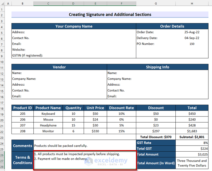 Creating GST Purchase Order Format in Excel (Free Template)