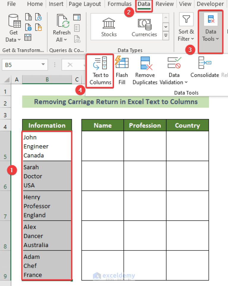 Remove Carriage Return in Excel with Text to Columns