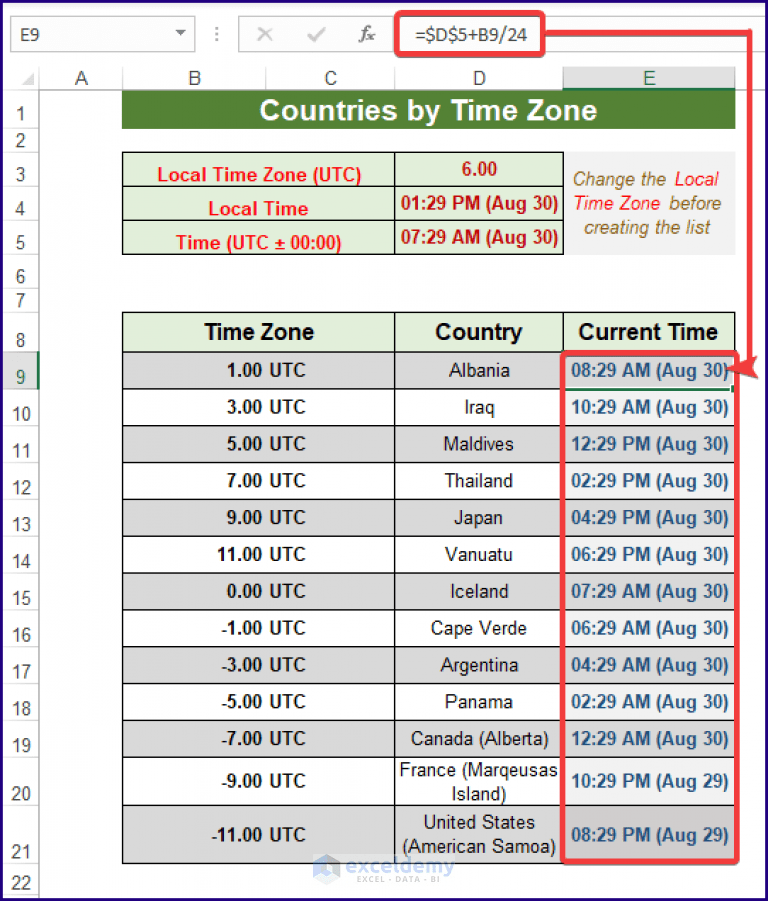 Making a List of Countries by Time Zone in Excel (with Easy Steps)