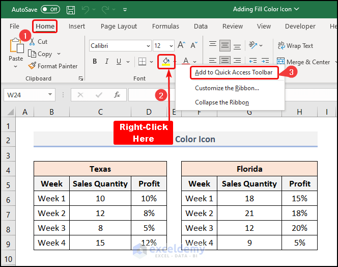 How to Add the Fill Color Icon to the Quick Access Toolbar in Excel
