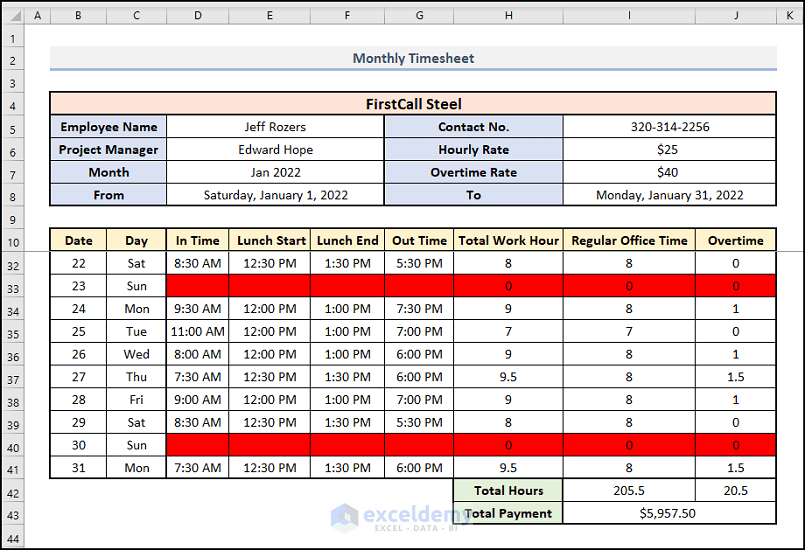 How to Create a Monthly Timesheet in Excel (with Easy Steps)
