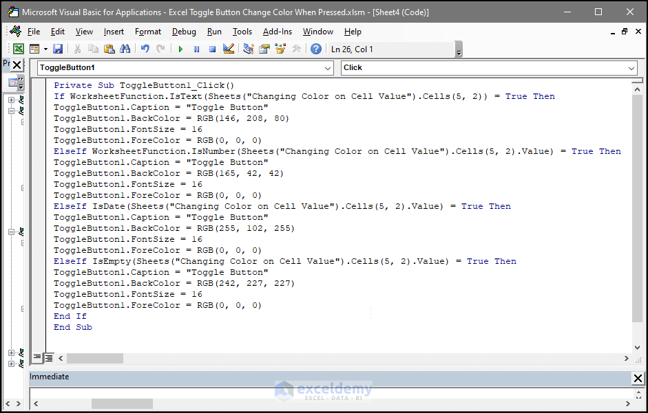 How to Change the Color of the Toggle Button When Pressed in Excel