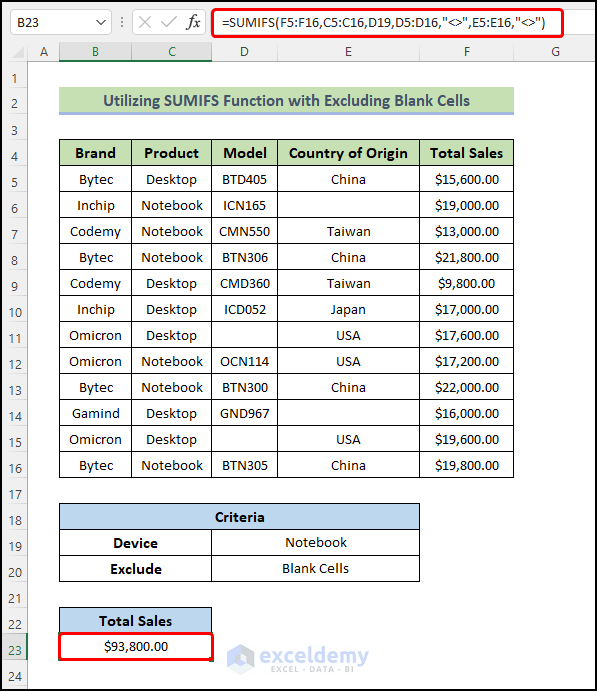 Exclude Multiple Criteria in Same Column with SUMIFS Function
