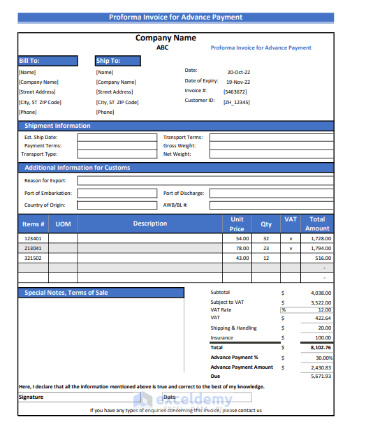 How to Create Proforma Invoice for Advance Payment in Excel