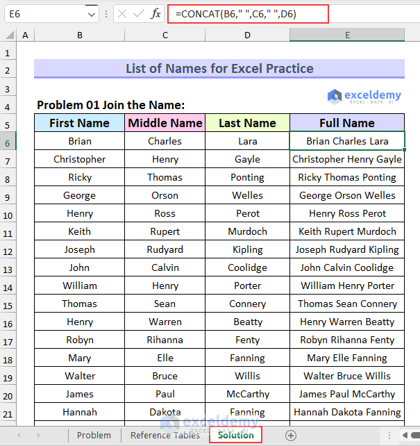 List of Names for Practice in Excel 10 Exercises