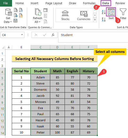 How to Sort Columns in Excel Without Mixing Data (6 Methods)