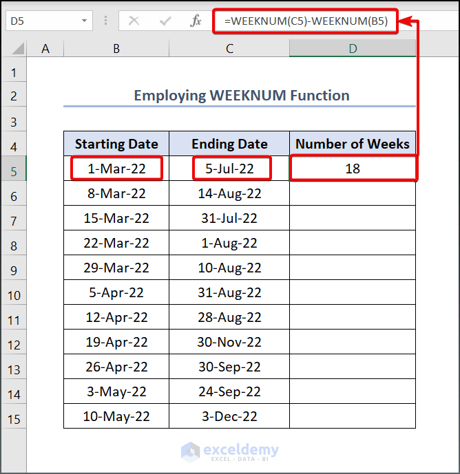 How to Calculate the Number of Weeks Between Two Dates in Excel