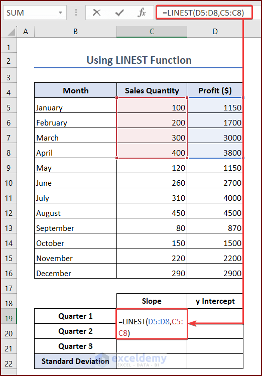 How to Calculate Standard Deviation of y Intercept in Excel