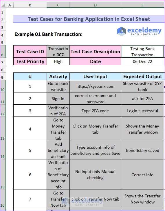 Test Cases for Banking Application in Excel Sheet 4 Easy Steps