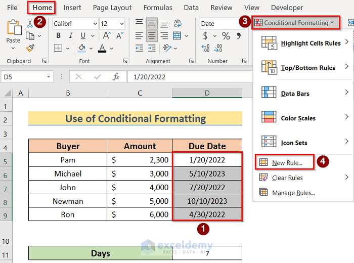 How to Set Due Date Reminder Formula in Excel (2 Easy Methods)